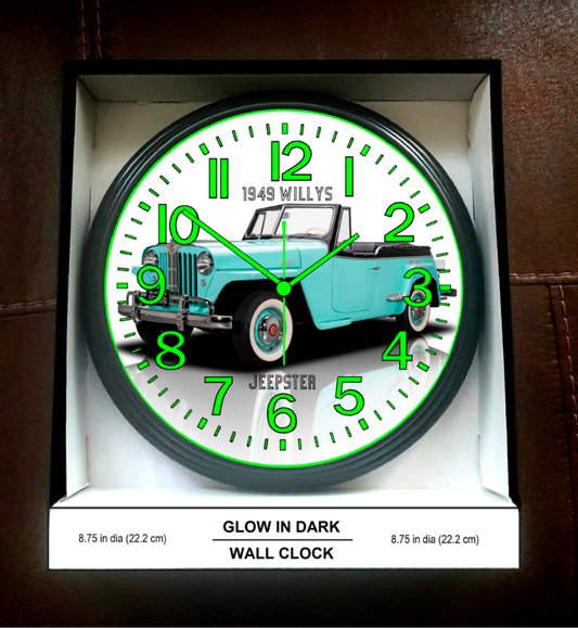 1949 Willys Jeepster Glow In The Dark Wall Clock New!