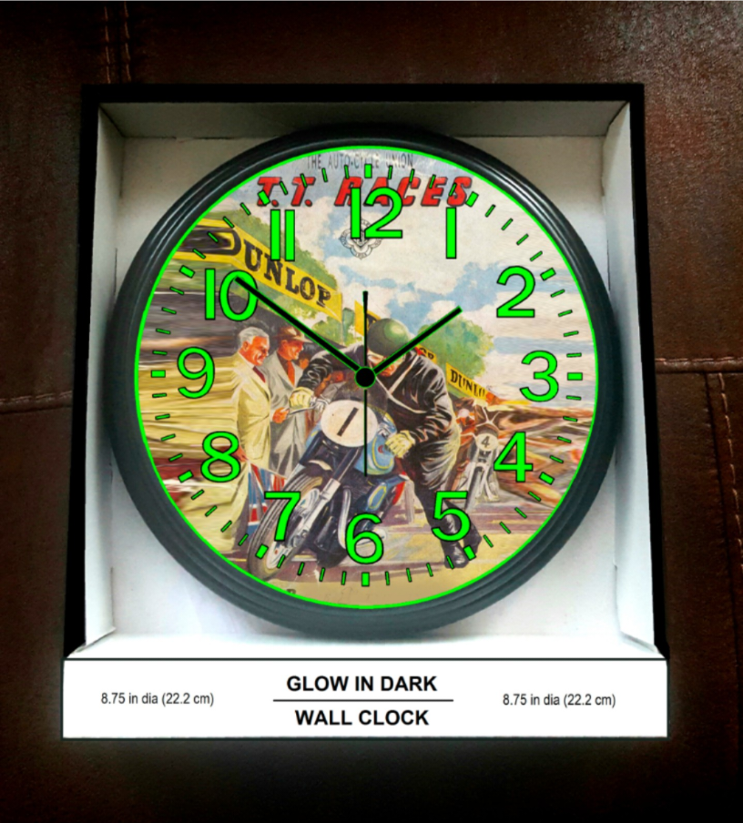 Dunlop Motorcycle Racing Glow In The Dark Wall Clock New!