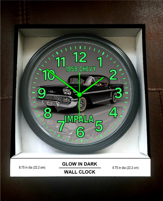1958 Chevy Chevrolet Impala Glow In The Dark Wall Clock New!