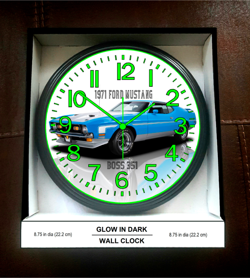 1971 Ford Mustang Boss 351 Glow In The Dark Wall Clock New!