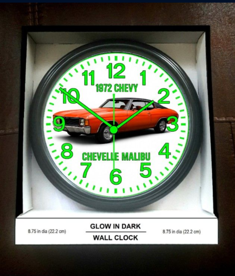 1972 Chevy Chevrolet Chevelle Malibu Glow In The Dark Wall Clock New!