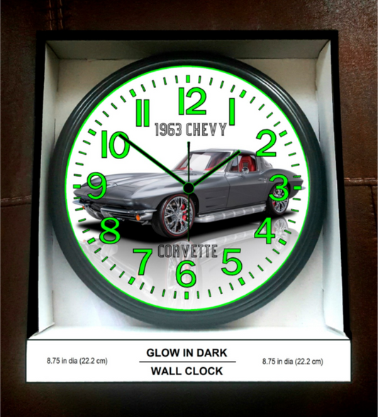 1963 Chevy Chevrolet Corvette Glow In The Dark Wall Clock New! In The Dark Wall