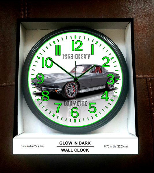 1963 Chevy Chevrolet Corvette Glow In The Dark Wall Clock New!