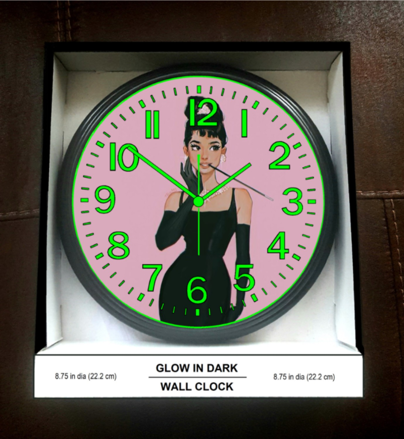 Audrey Hepburn Mid-Century modern Inspired Glow In Dark Retro Wall Clock New!