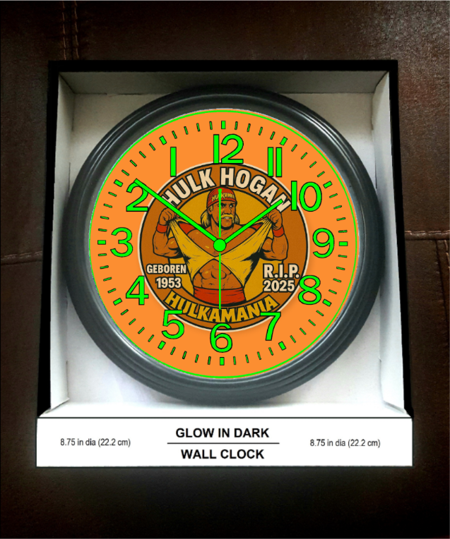 WWF Wrestling Hulk Hogan Hulkamania Glow-in-Dark Reverse Ticking Wall Clock New!