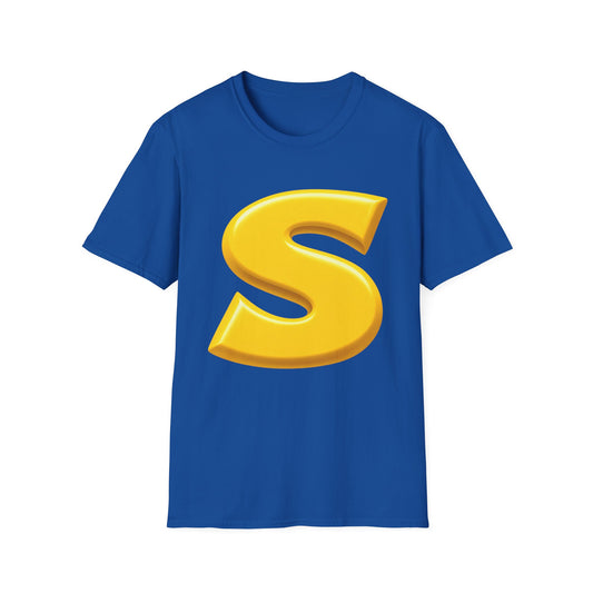 Bold Golden 'S' Graphic T‑Shirt — Retro Cartoon Letter Tee