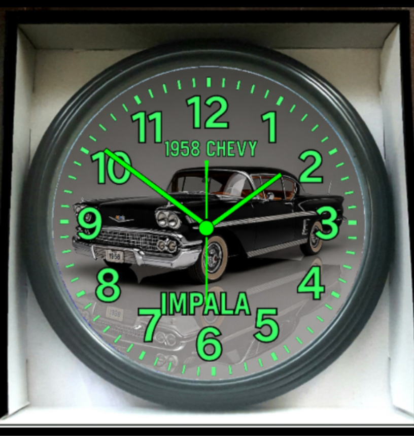 1958 Chevy Chevrolet Impala Glow In The Dark Wall Clock New!