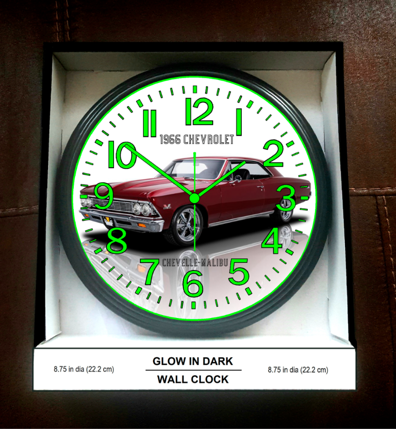 1966 Chevy Chevrolet Chevelle Malibu Glow In The Dark Wall Clock New!