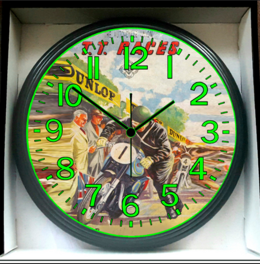 Dunlop Motorcycle Racing Glow In The Dark Wall Clock New!