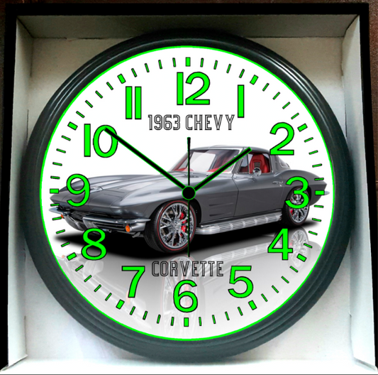 1963 Chevy Chevrolet Corvette Glow In The Dark Wall Clock New!
