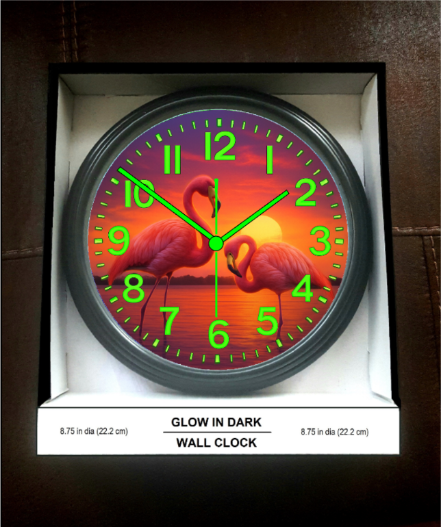 Flamingo Sunset Paradise Glow in the Dark Wall Clock New!
