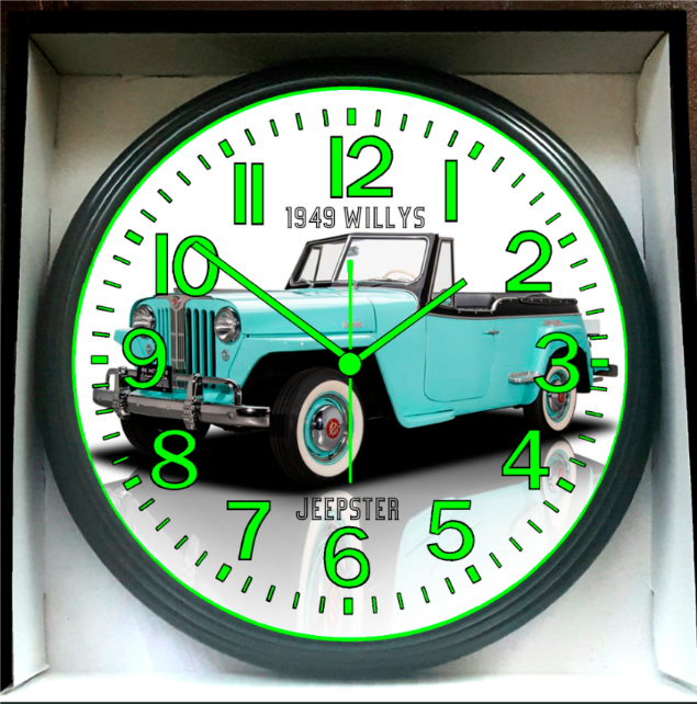 1949 Willys Jeepster Glow In The Dark Wall Clock New!