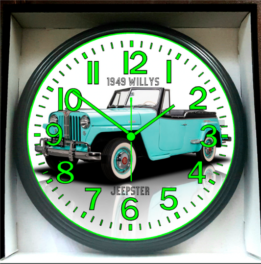 1949 Willys Jeepster Glow In The Dark Wall Clock New!