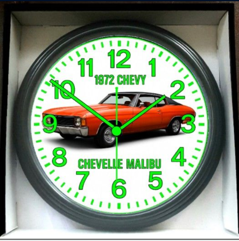 1972 Chevy Chevrolet Chevelle Malibu Glow In The Dark Wall Clock New!