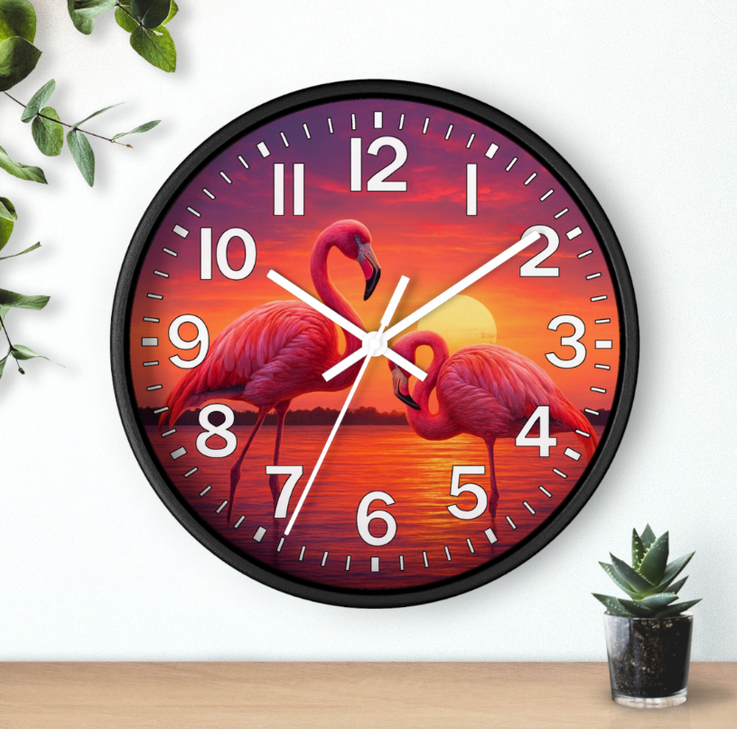 Flamingo Sunset Paradise Glow in the Dark Wall Clock New!