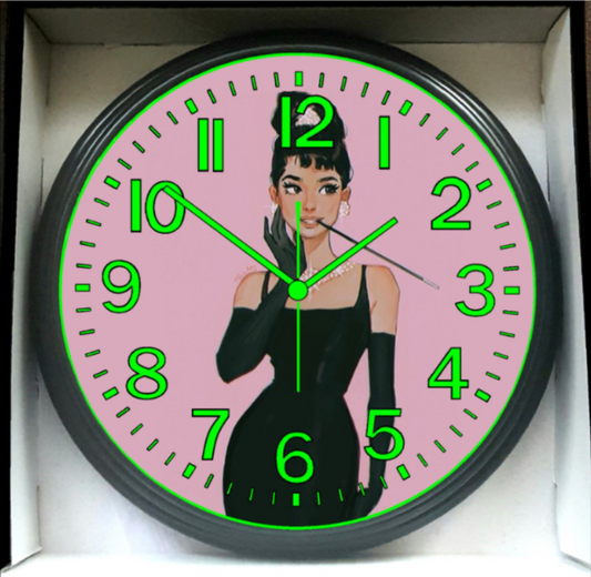 Audrey Hepburn Mid-Century modern Inspired Glow In Dark Retro Wall Clock New!